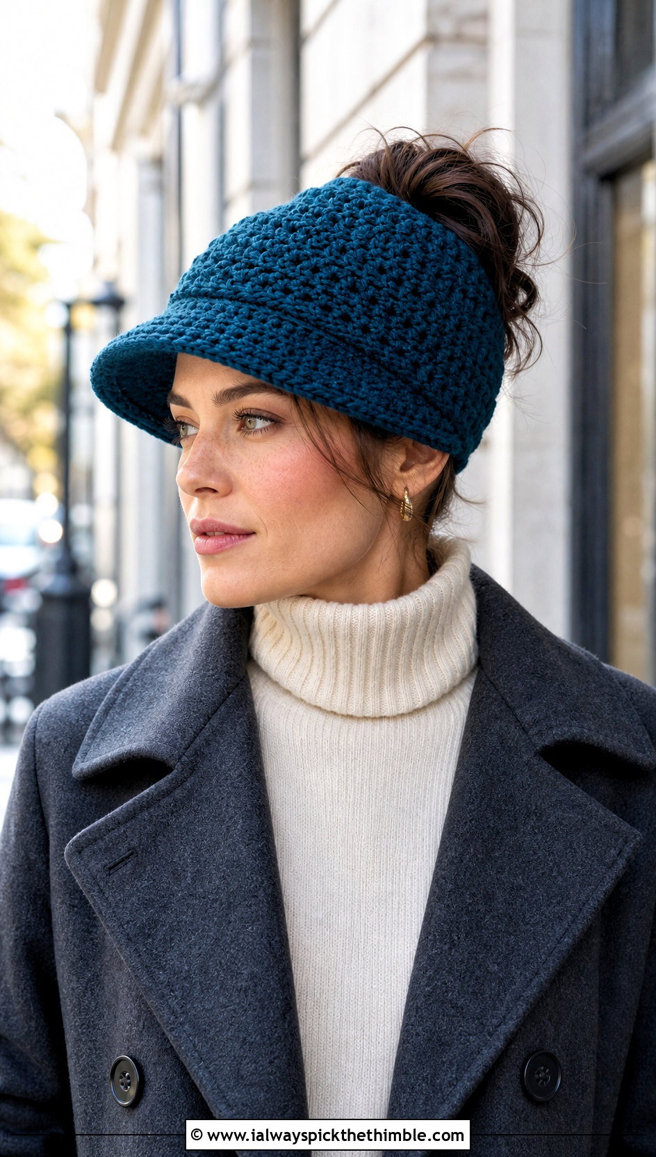 Brimmed Messy Bun Crochet Hat With Peacoat - 20 Messy Bun Crochet Hat outfit ideas