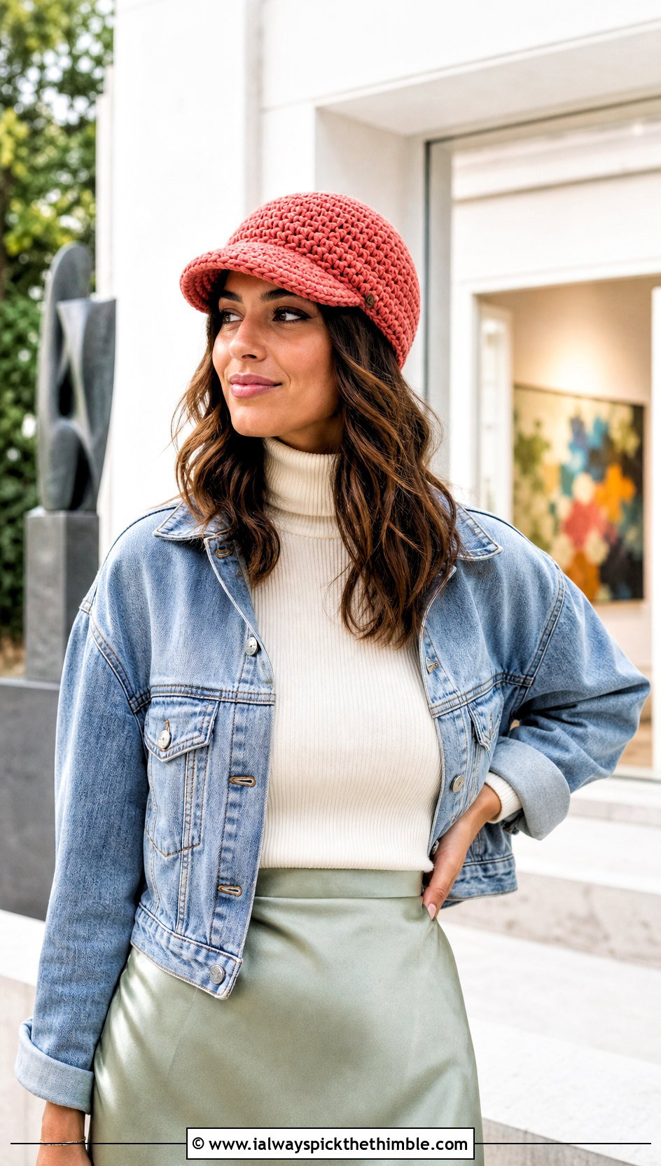 Brimmed One Hour Crochet Beanie With A Midi Skirt - 20 One Hour Crochet Hat outfit ideas