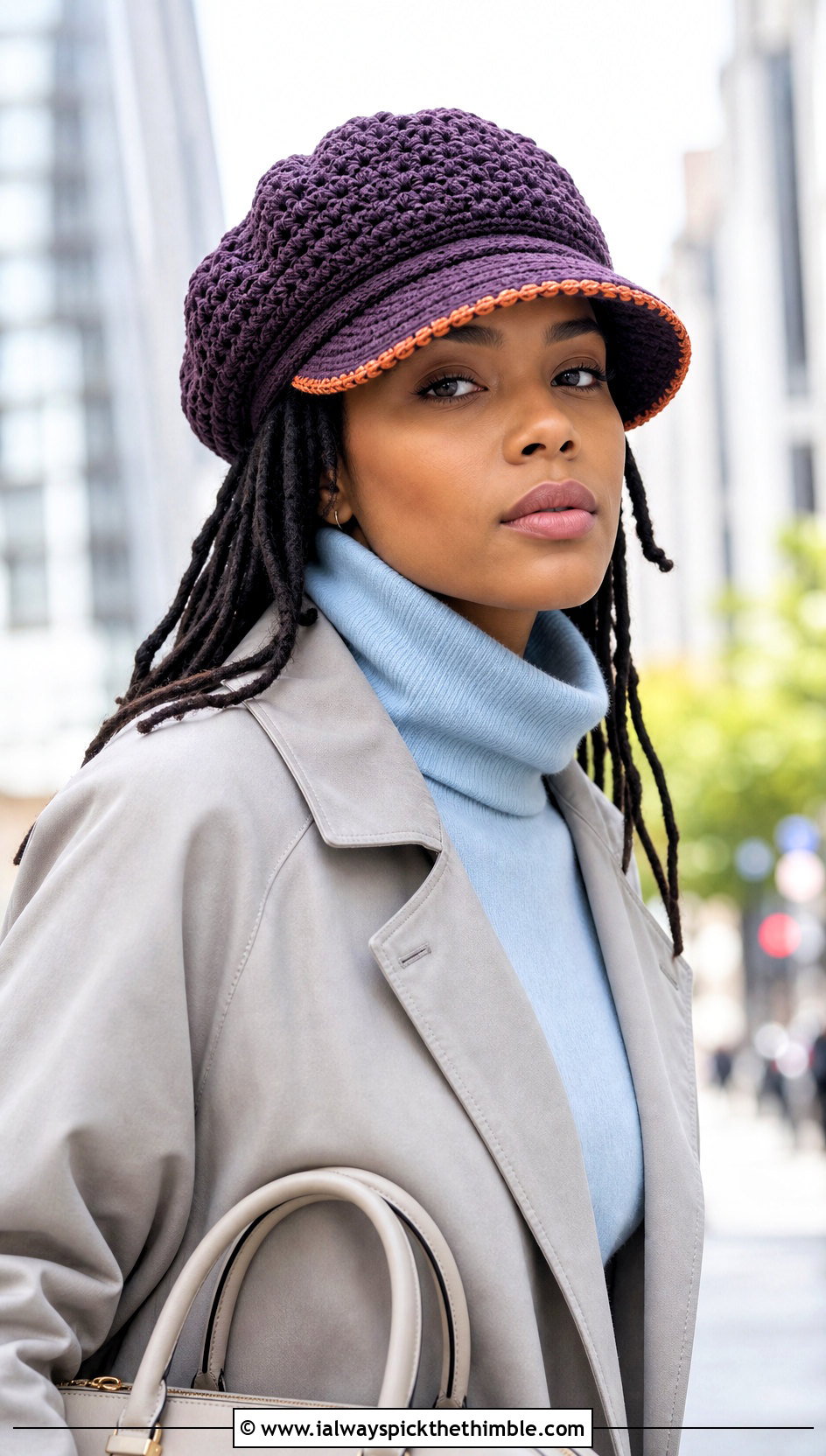 Brimmed Paperboy Crochet Dreadlock Tam With Trench Coat And Wide Leg Pants - 15 Crochet Bob Marley Hat outfit ideas