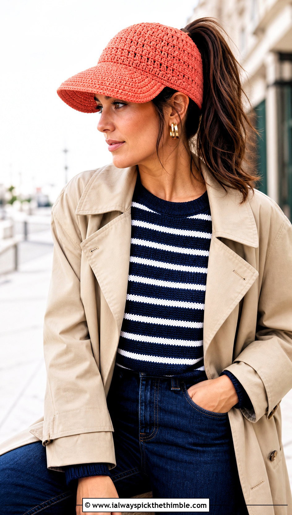 Brimmed Ponytail Crochet Hat With Trench Coat - 15 bun crochet hat outfit ideas