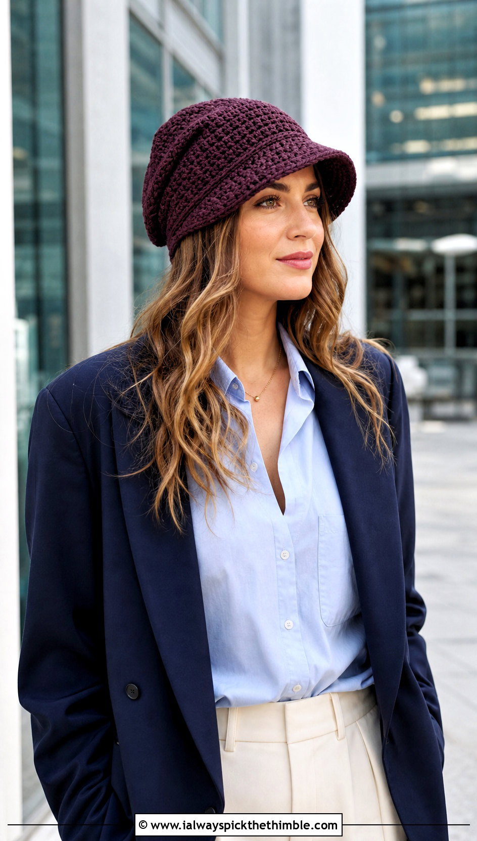 Brimmed Slouch Crochet Beanie With Blazer - 20 slouch crochet beanie outfit ideas
