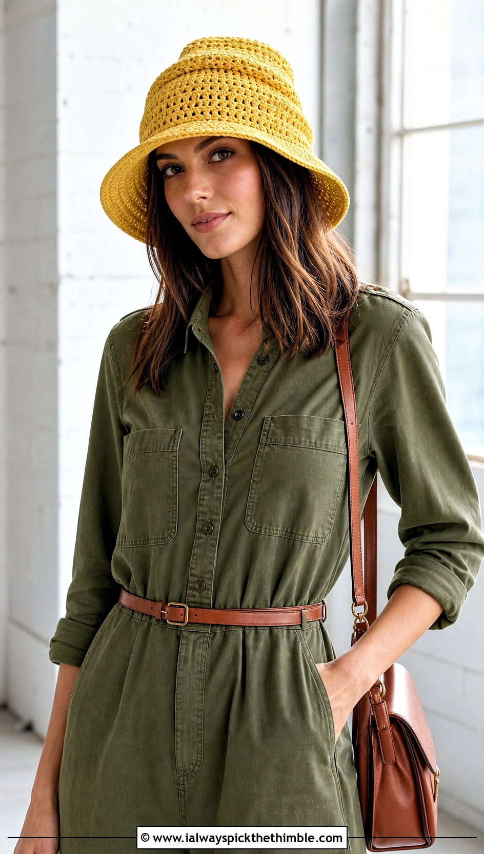 Brimmed Slouch Crochet Hat With Utility Jumpsuit - 20 slouch crochet hat outfit ideas