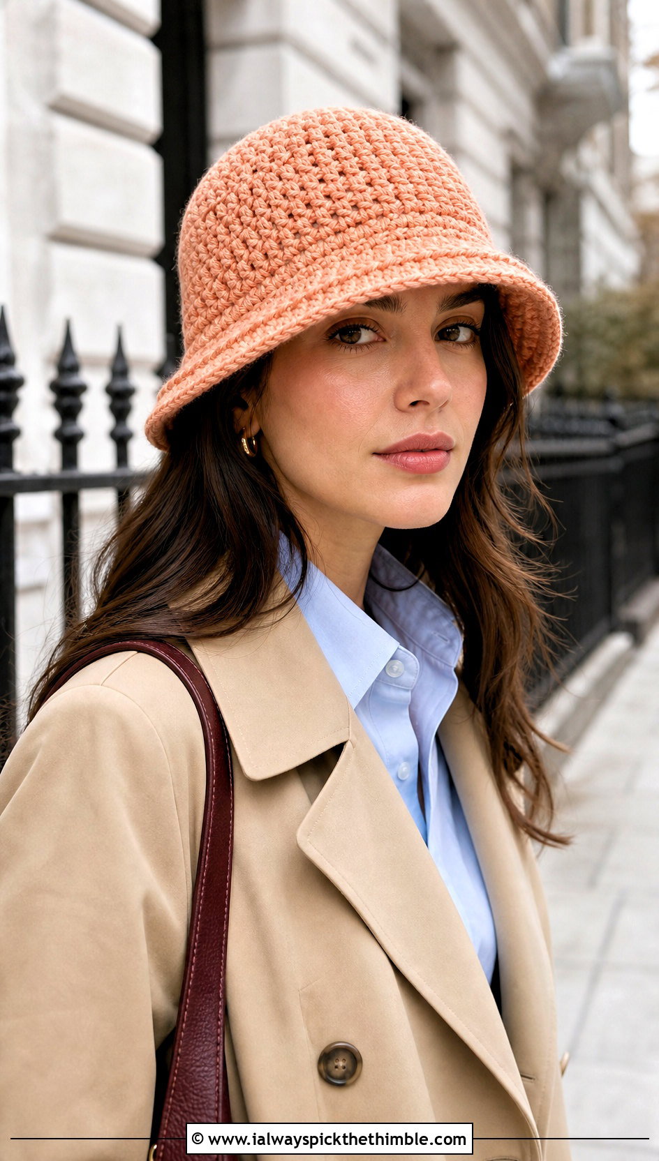 Brimmed Softee Chunky Crochet Cloche With Trench Coat - 15 Softee Chunky Crochet Hat outfit ideas