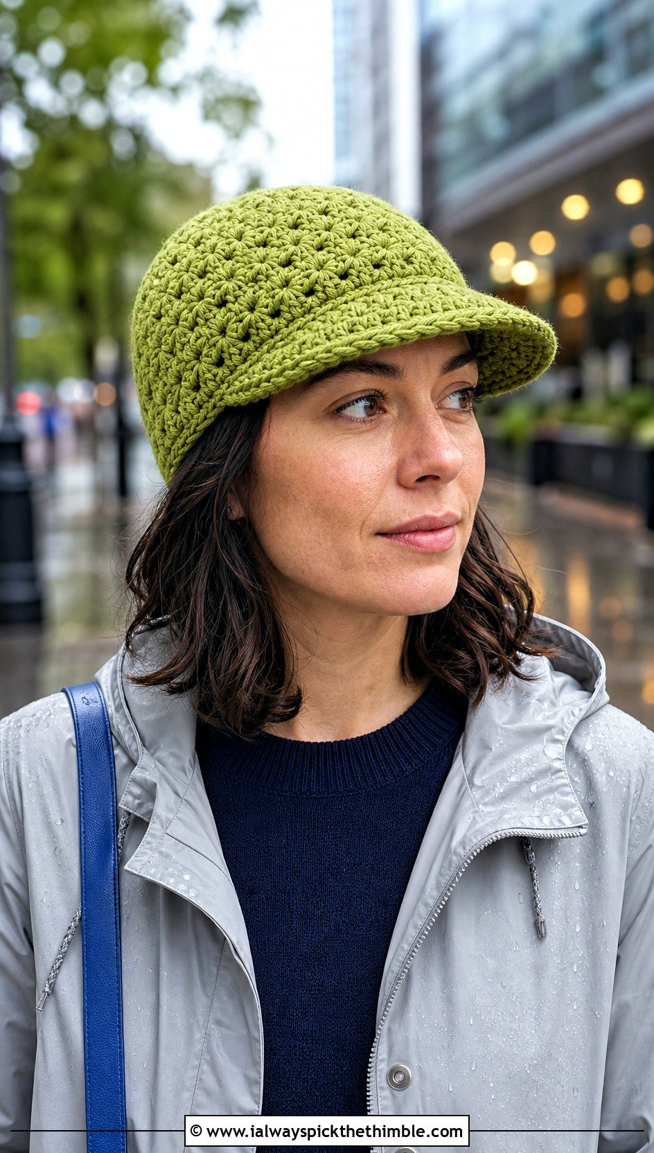 Brimmed Star Stitch Crochet Beanie With Raincoat - 20 Star Stitch Crochet Beanie outfit ideas