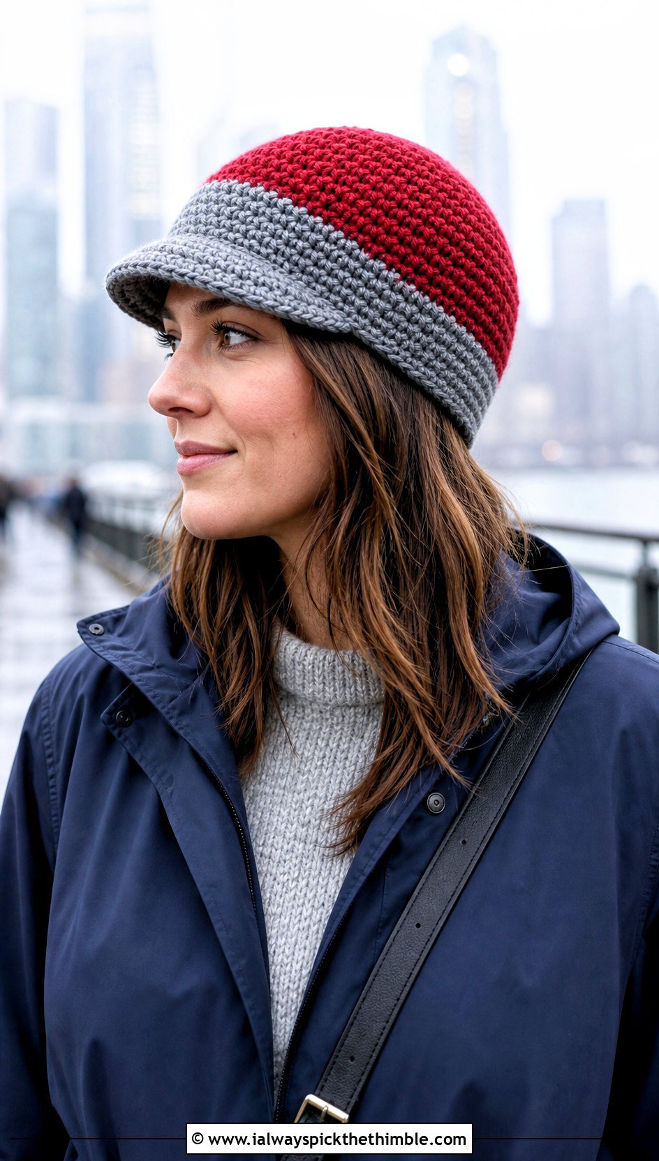 Brimmed Two Color Crochet Beanie With Raincoat - 20 two color crochet beanie outfit ideas