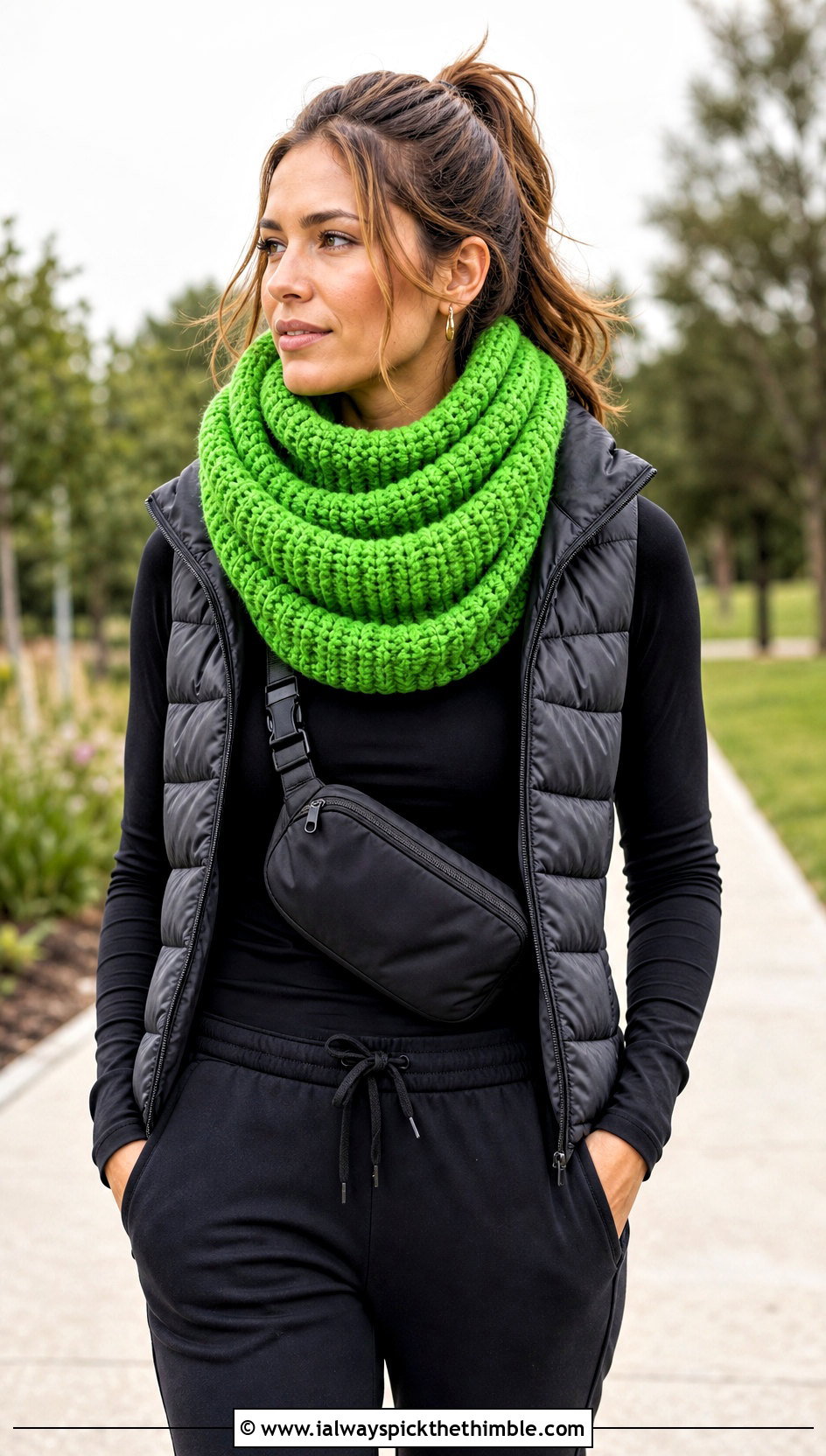 Brioche Crochet Infinity Scarf With Puffer Vest - 20 Brioche Crochet Scarf outfit ideas