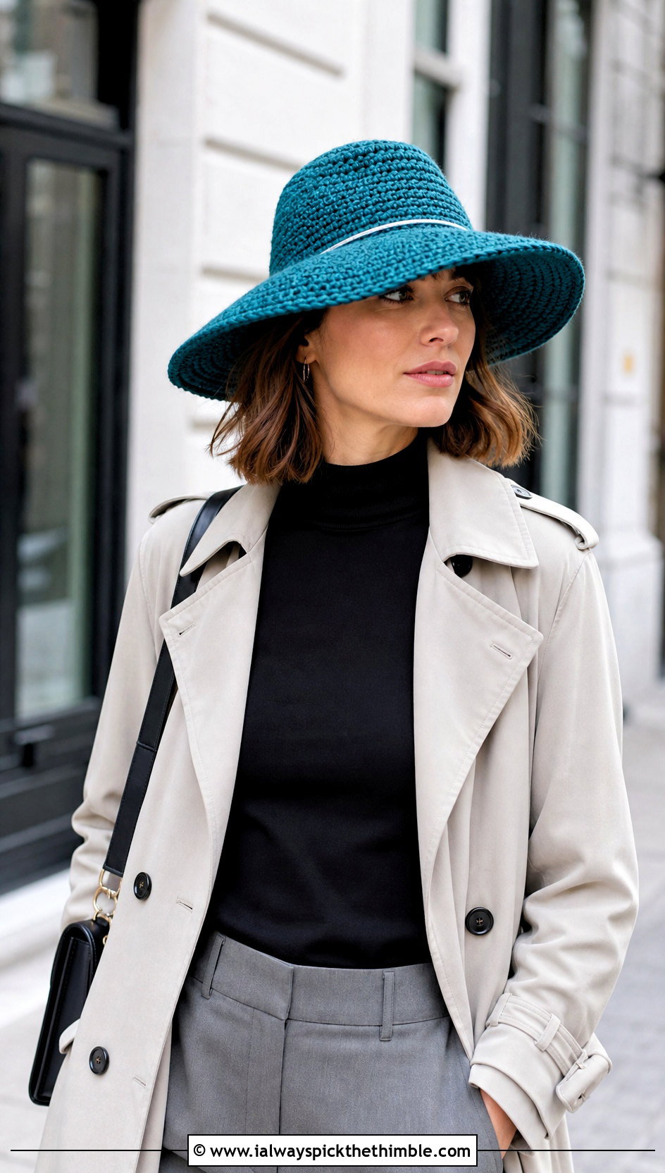 Broad Brim Crochet Pilgrim Hat With Trench Coat - 20 Crochet Pilgrim Hat outfit ideas