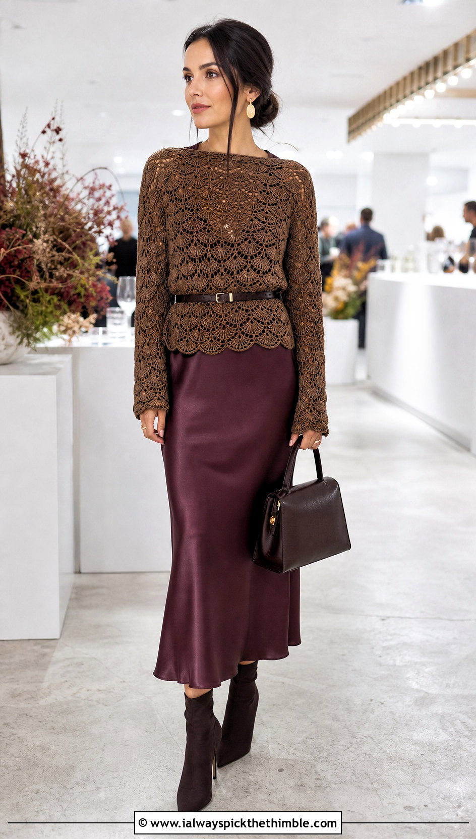 Bronze Shell Stitch Crochet Sweater With Slip Dress - 15 Brown Crochet Sweater Design outfit ideas