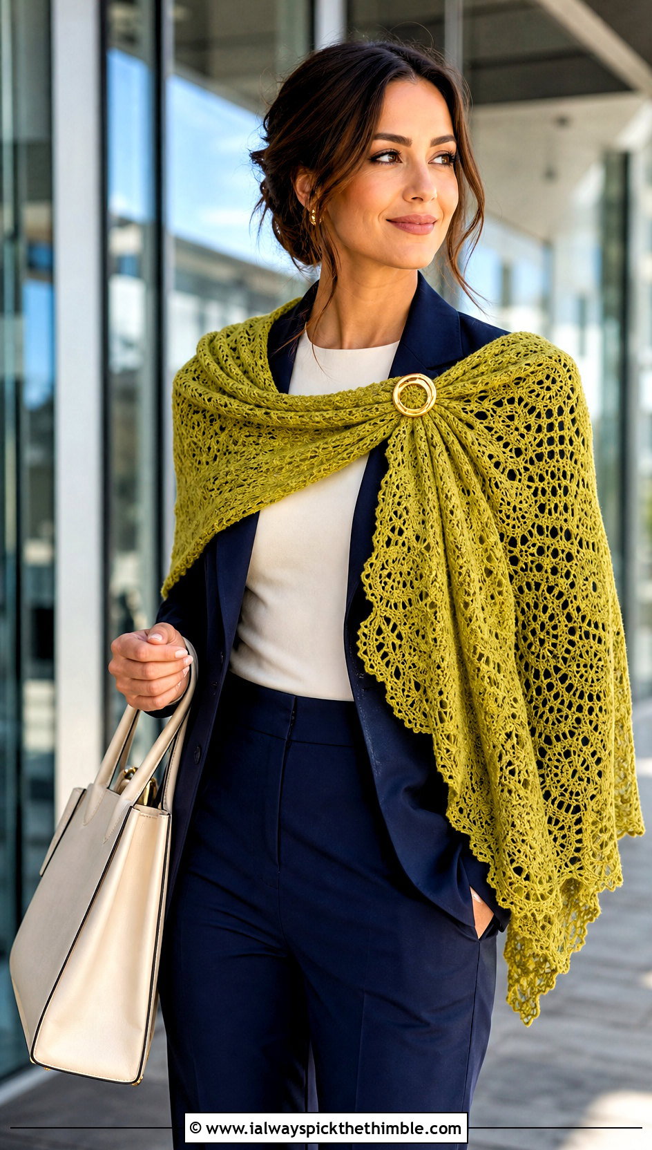 Brooch Fastened Fall River Crochet Shawl With a Tailored Suit - 20 Fall River Crochet Shawl outfit ideas