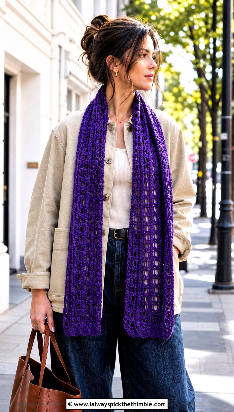 Broomstick Crochet Lace Scarf With Chore Jacket And Wide Leg Jeans - 20 easy crochet lace scarf outfit ideas