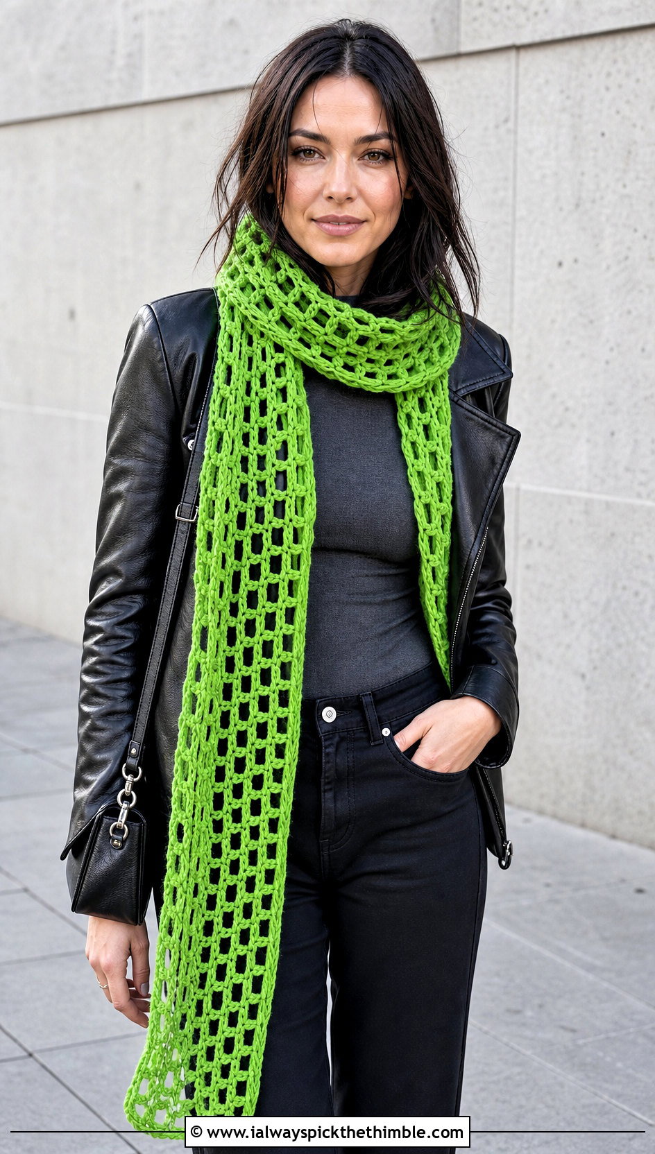 Broomstick Crochet Lace Scarf With Leather Jacket And Black Jeans - 25 crochet lace scarf outfit ideas