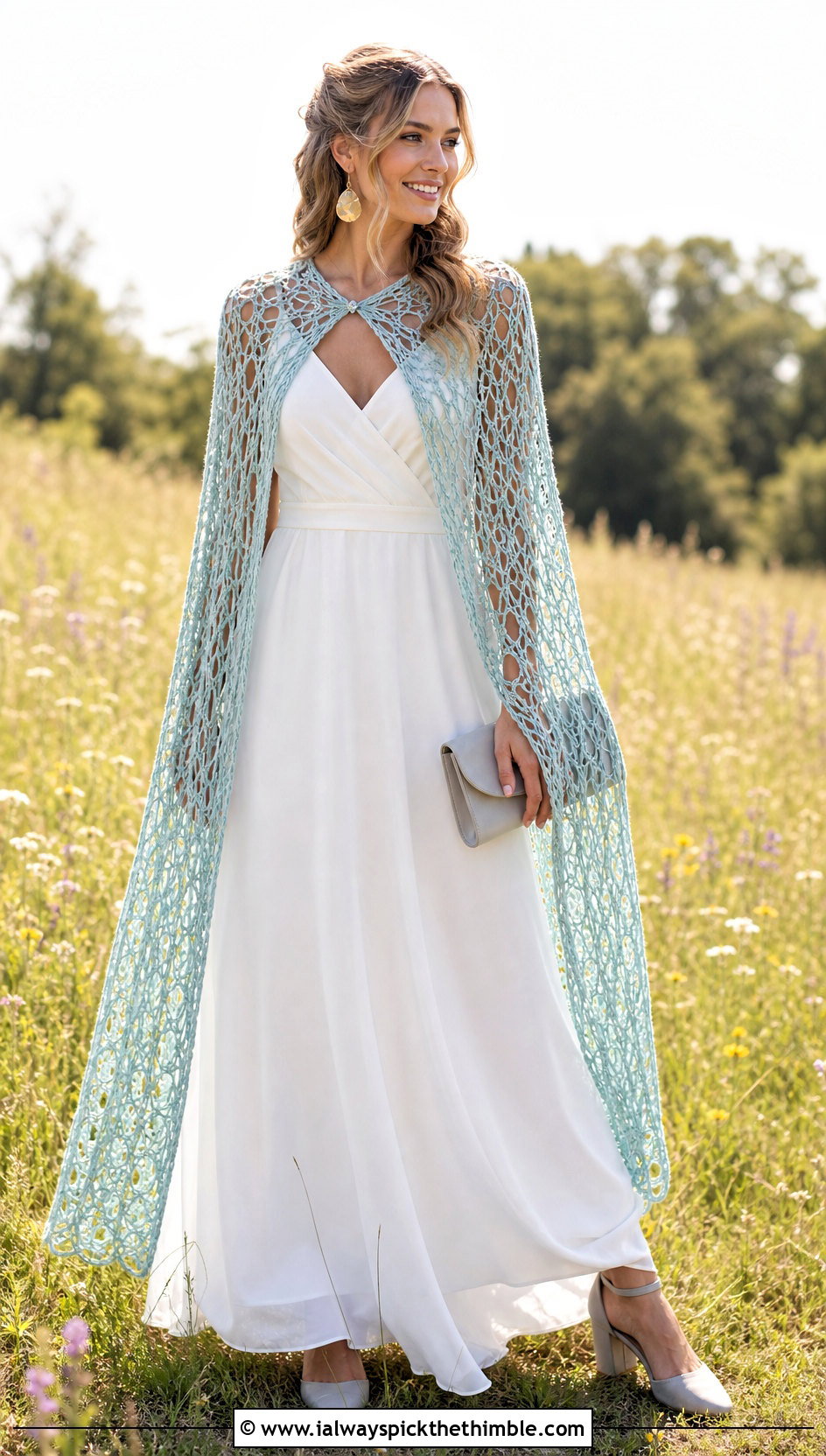 Broomstick Lace Crochet Cape With Chiffon A Line Dress - 20 Crochet Wedding Cape outfit ideas