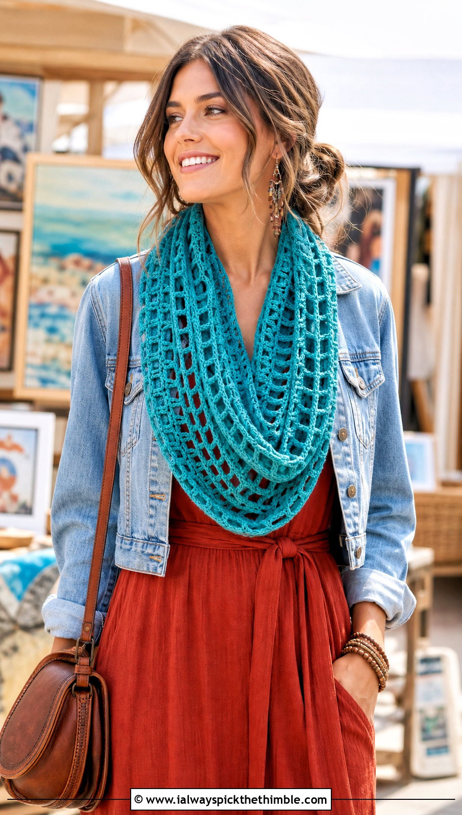 Broomstick Lace Crochet Infinity Scarf With Boho Maxi Dress - 25 crochet infinity scarf outfit ideas