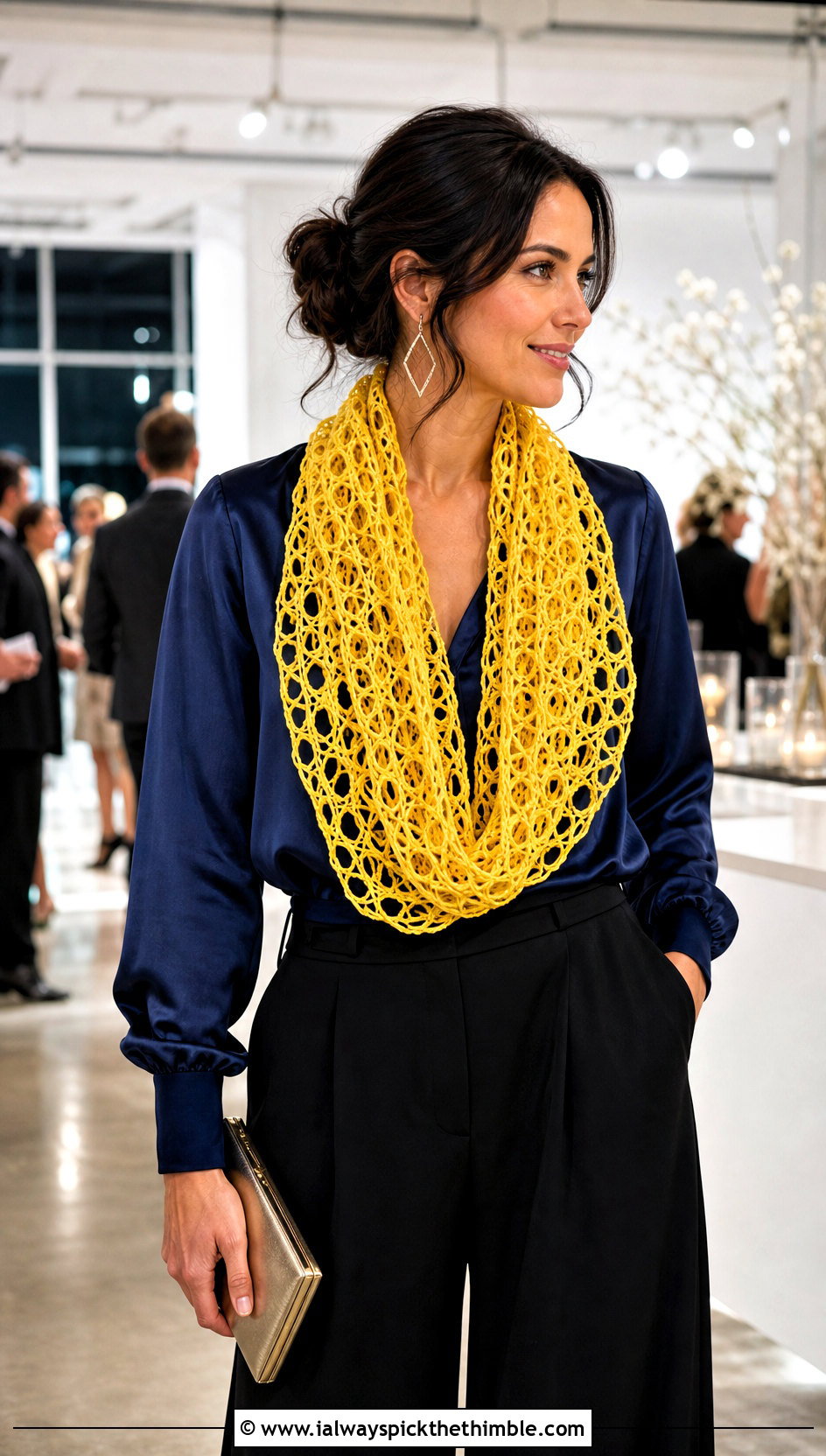Broomstick Lace Crochet Infinity Scarf With Satin Blouse - 20 infinite crochet scarf outfit ideas