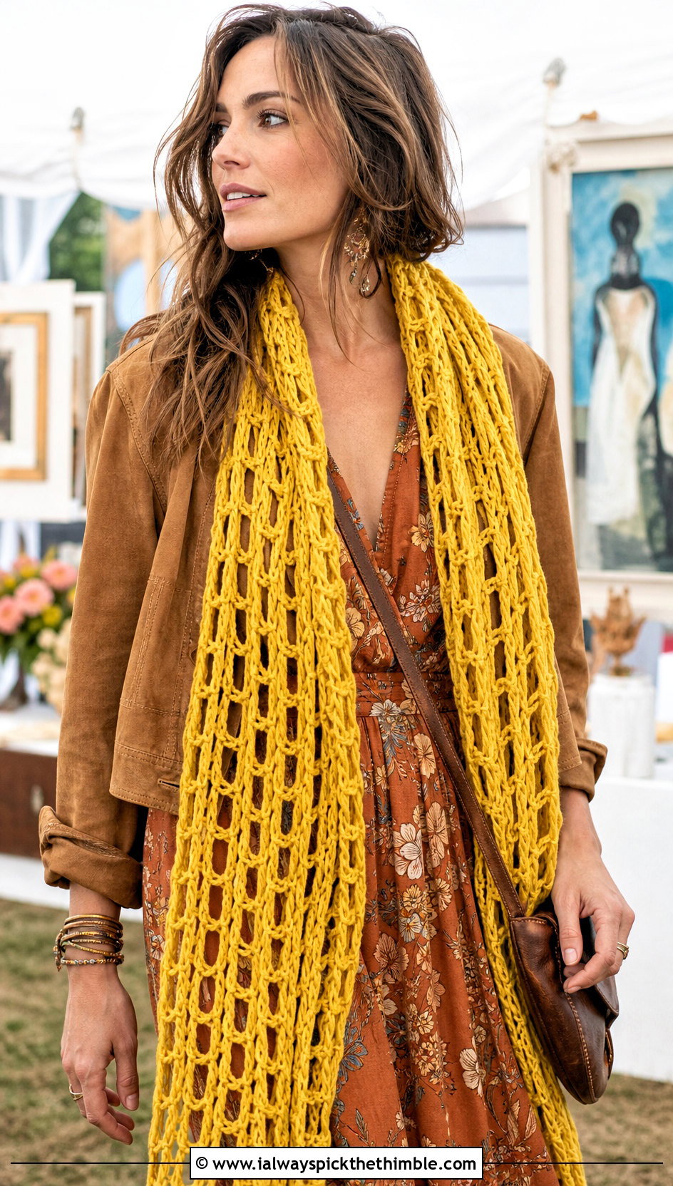 Broomstick Lace Crochet Scarf With Boho Maxi Dress - 25 crochet scarves outfit ideas