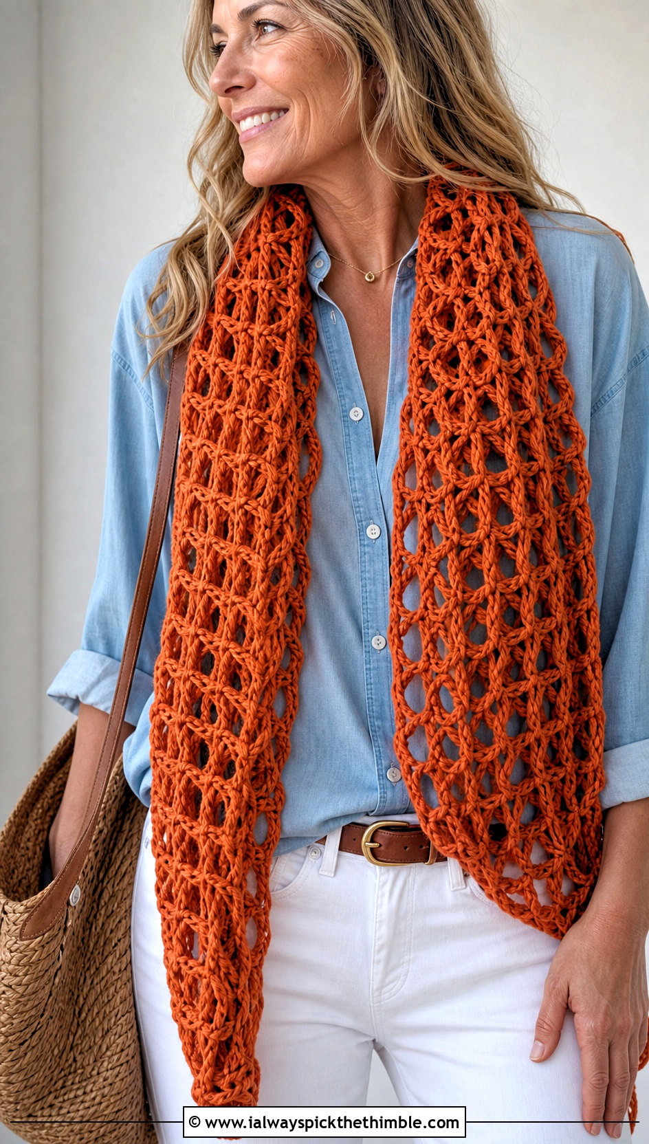 Broomstick Lace Crochet Scarf With Chambray Shirt And White Jeans - 15 Light Crochet Scarf outfit ideas