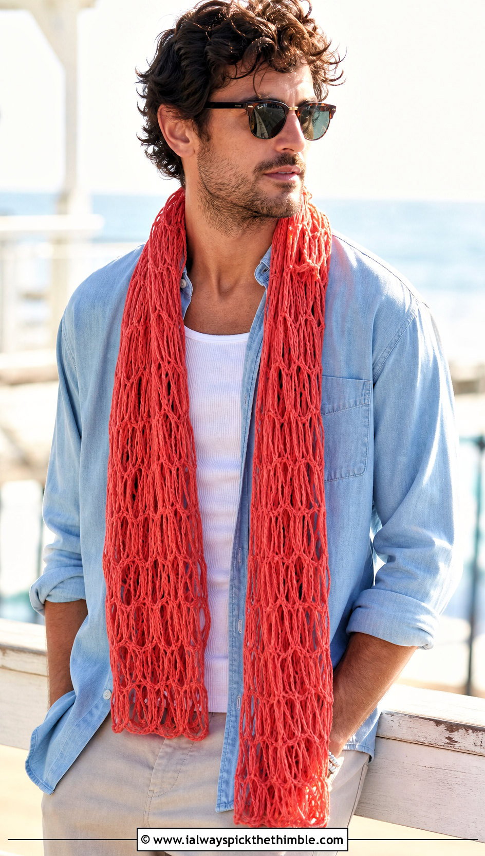 Broomstick Lace Crochet Scarf With Coastal Outfit - 20 men's crocheted scarf outfit ideas