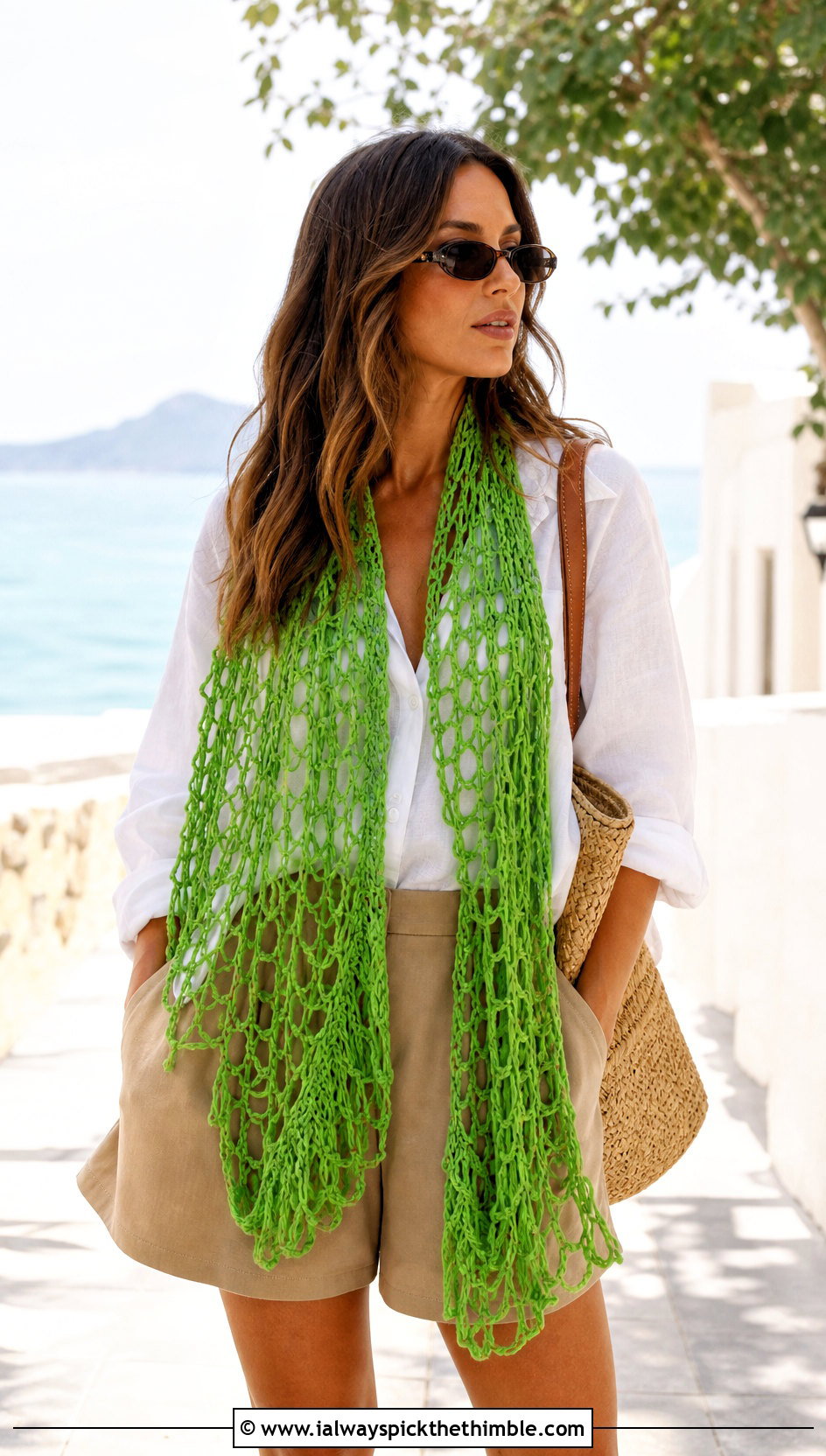 Broomstick Lace Crochet Scarf With Linen Shirt And Shorts - 15 Easy Lace Crochet Scarf outfit ideas