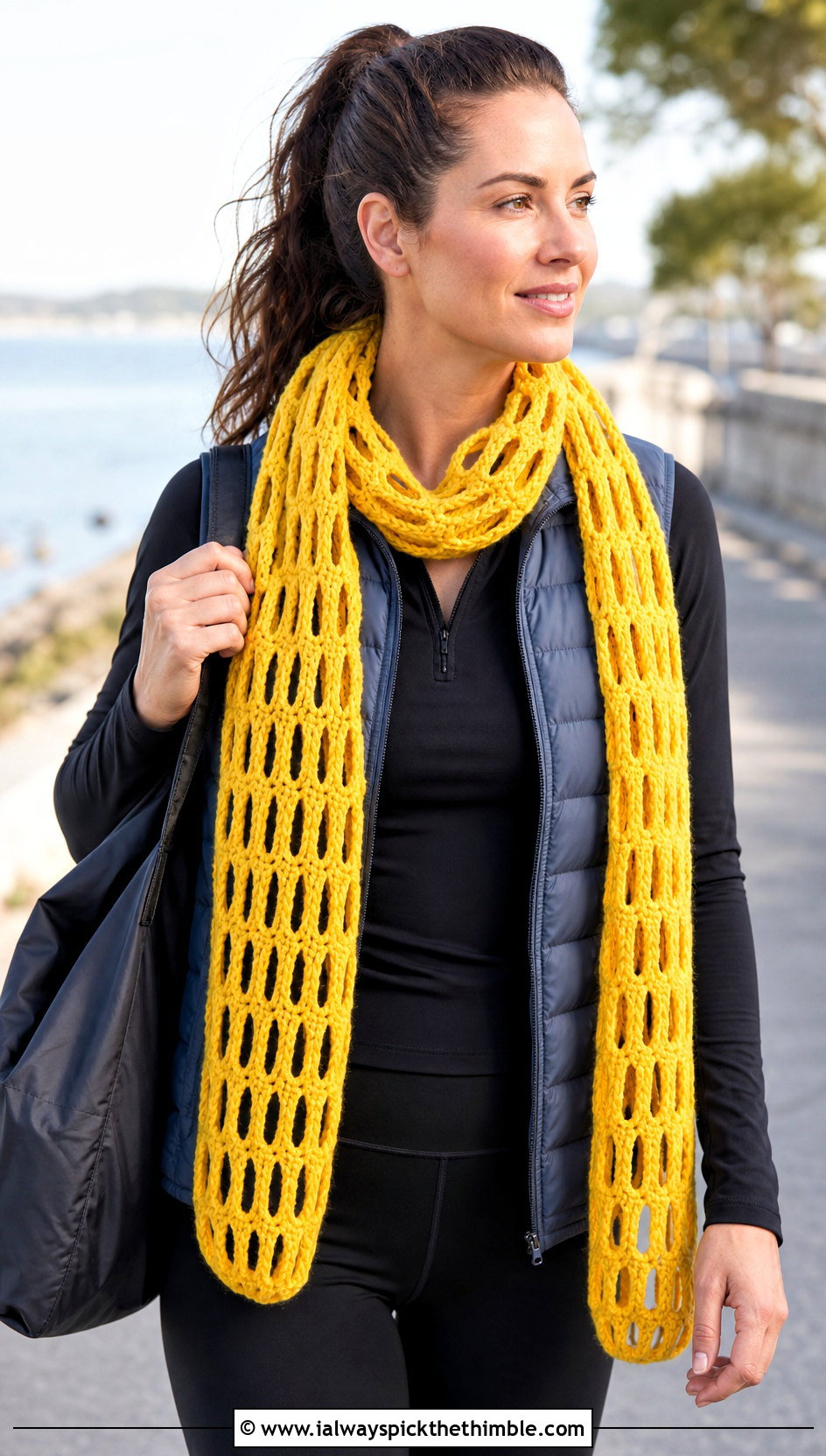 Broomstick Lace Crochet Scarf With Puffer Vest And Leggings - 15 Lacy Crochet Scarf outfit ideas
