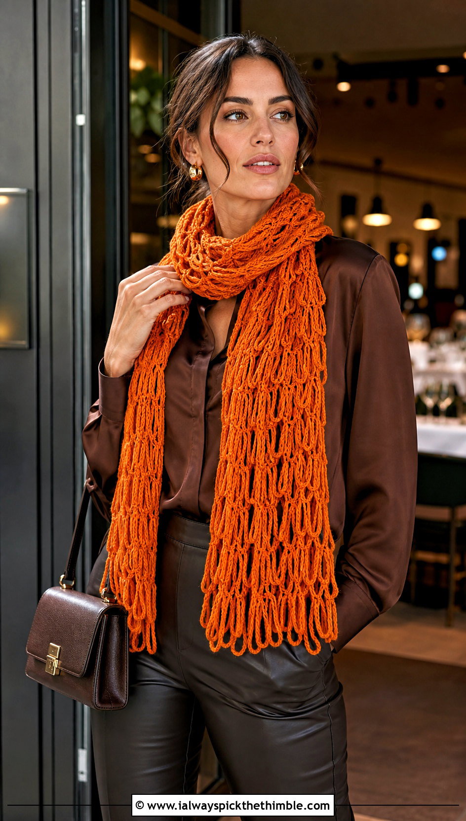 Broomstick Lace Crochet Scarf With Satin Blouse And Leather Pants - 20 Elegant Crochet Scarf outfit ideas