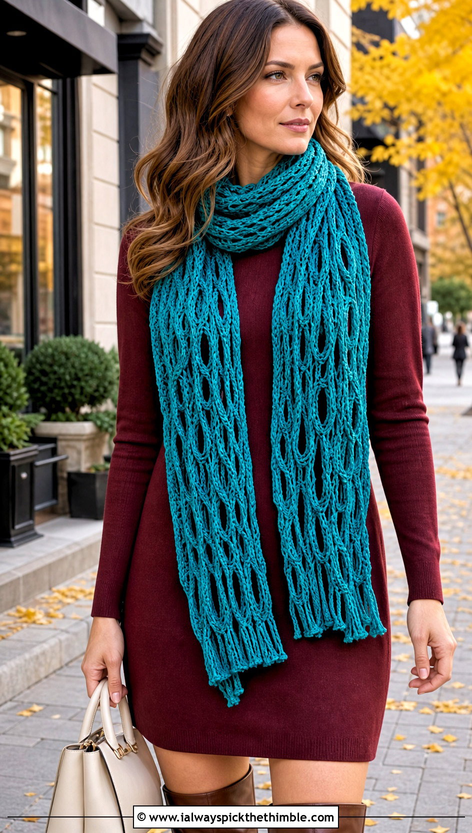 Broomstick Lace Crochet Scarf With Sweater Dress And Boots - 15 Light Weight Crochet Scarf outfit ideas