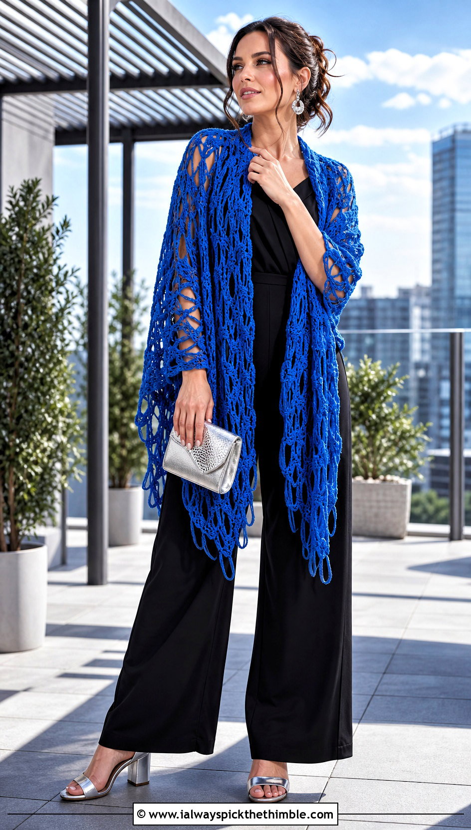 Broomstick Lace Crochet Shawl With Wide Leg Jumpsuit - 25 crochet shawl outfit ideas