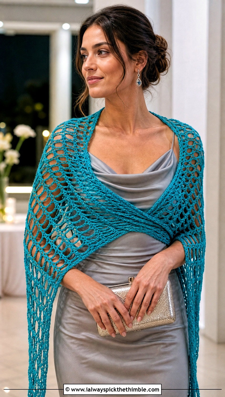 Broomstick Lace Crochet Sleeve Scarf With Satin Slip Dress - 20 crochet sleeve scarf outfit ideas