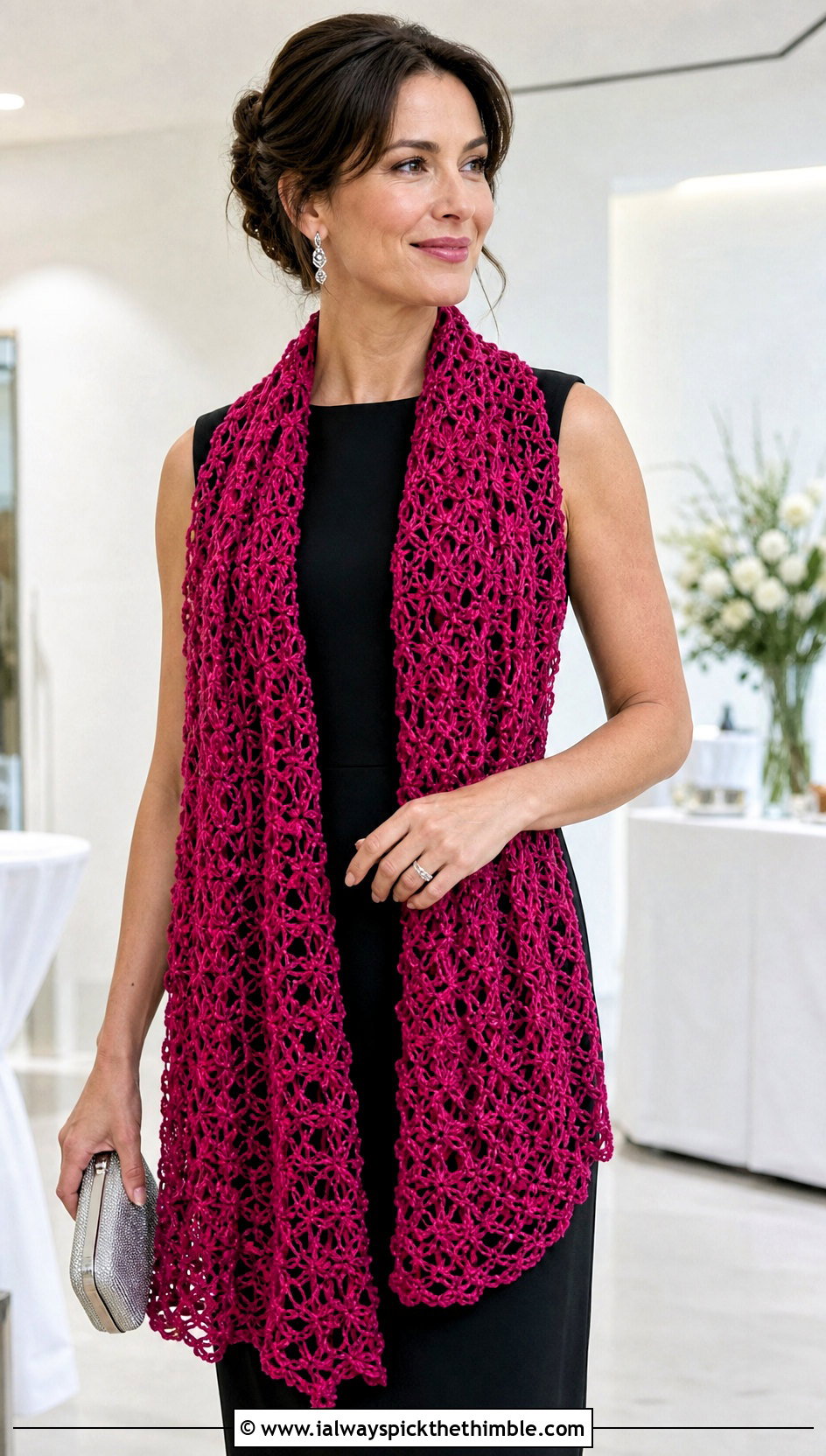 Broomstick Lace Crochet Stole Scarf With Column Dress - 20 crochet shawl scarf outfit ideas