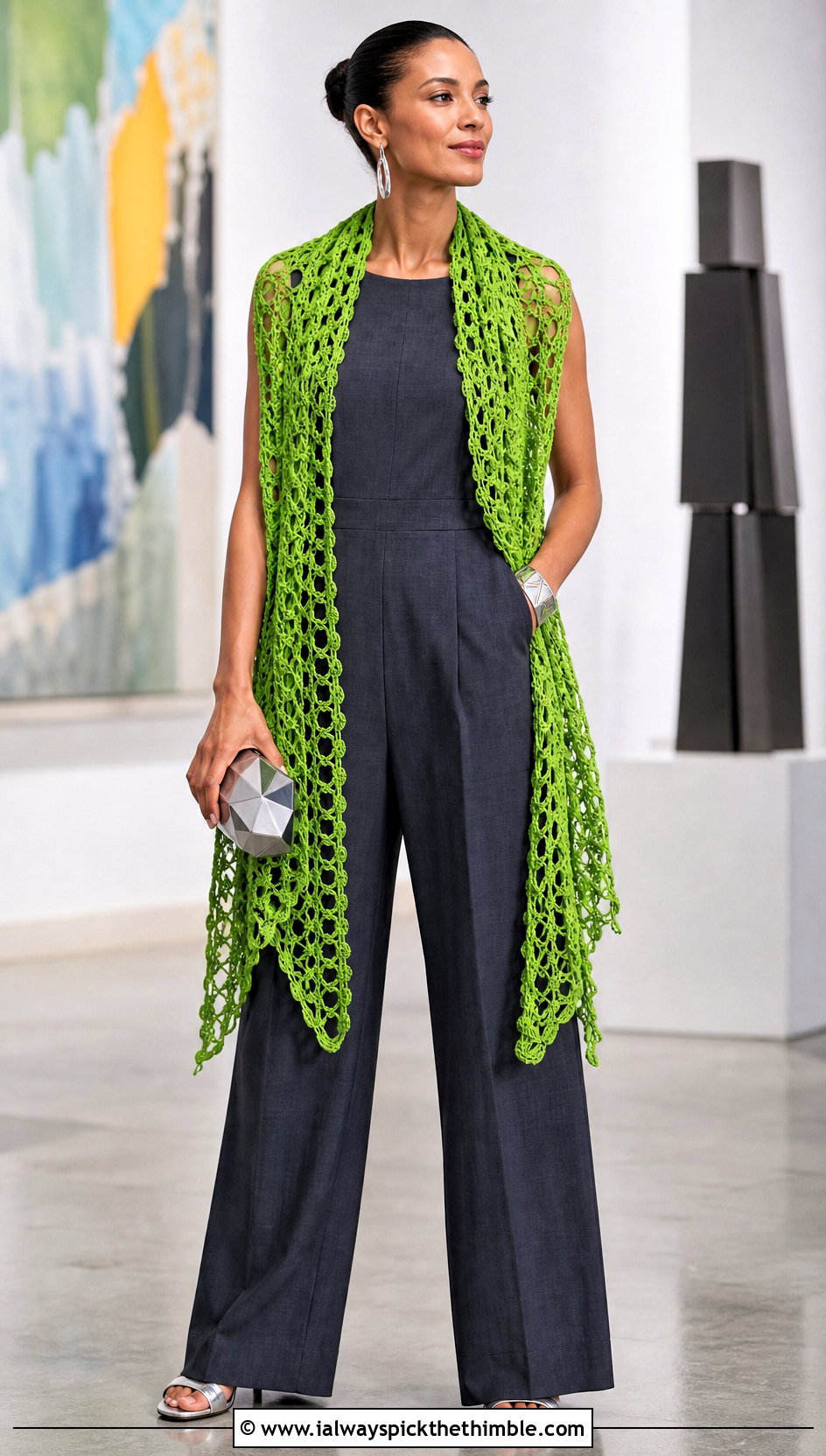 Broomstick Lace Crochet Stole With Jumpsuit - 20 summer crochet shawl outfit ideas
