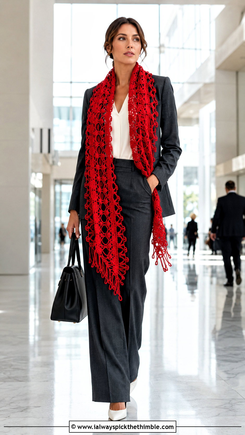 Broomstick Lace Crochet Stole With Tailored Suit - 25 crochet shawls and wraps outfit ideas