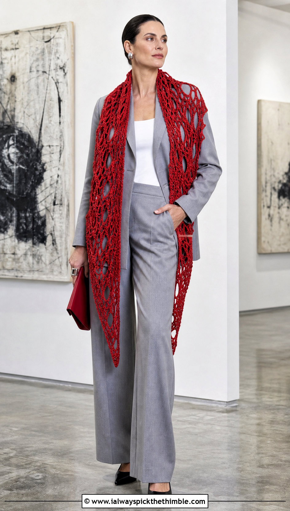 Broomstick Lace Crochet Stole With Wide Leg Suit - 20 Crochet Shoulder Shawl outfit ideas
