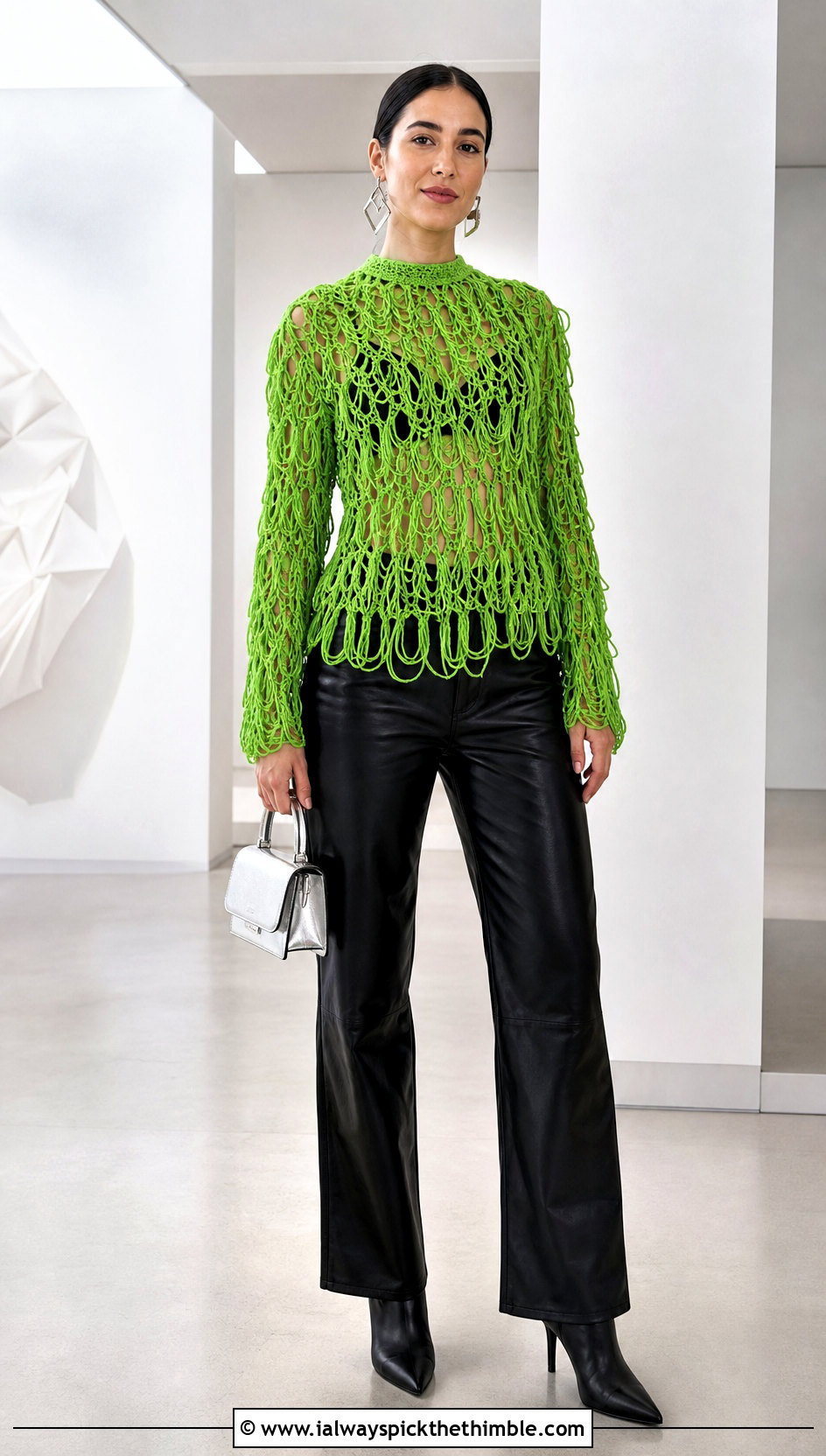 Broomstick Lace Crochet Top With Leather Pants - 25 crochet lace top outfit ideas