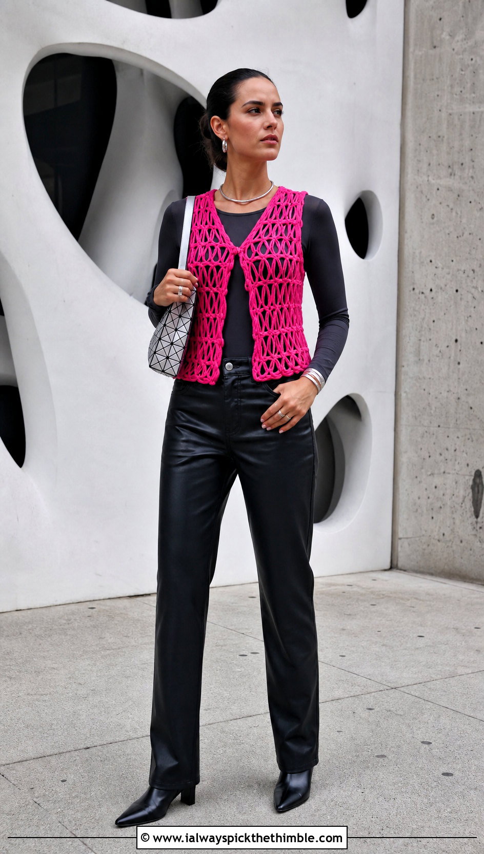 Broomstick Lace Crochet Vest With Leather Pants - 20 Lacy Crochet Vest outfit ideas