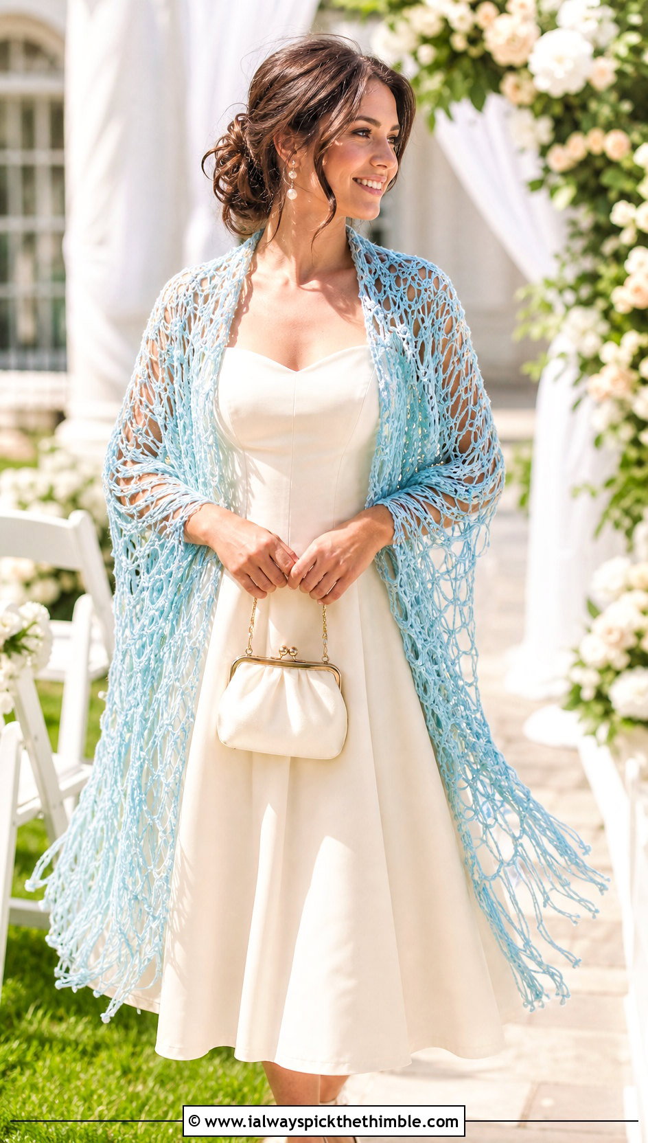 Broomstick Lace Crochet Wedding Shawl With Tea Length Dress - 25 crochet wedding shawl outfit ideas