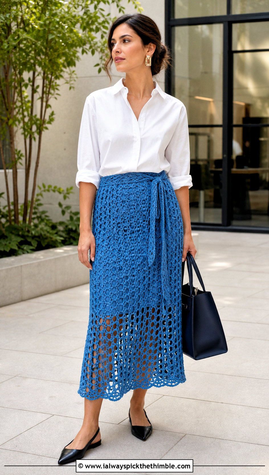 Broomstick Lace Crochet Wrap Skirt With Poplin Shirt - 20 crochet wrap around skirt outfit ideas