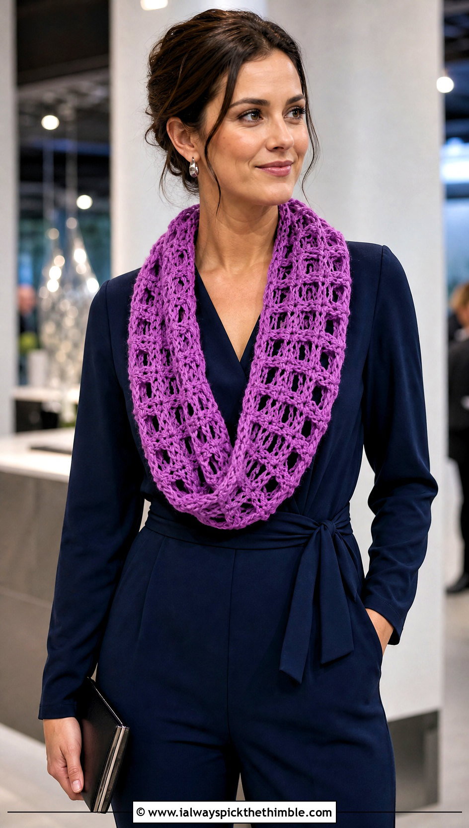 Broomstick Lace Crocheted Infinity Scarf With Jumpsuit - 15 Easy Crocheted Infinity Scarf outfit ideas