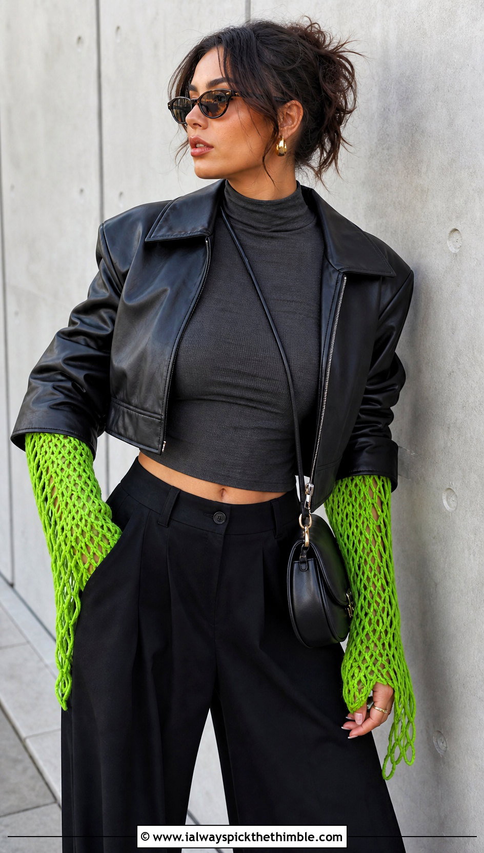 Broomstick Lace Gauntlets With Leather Jacket And Wide Leg Pants - 15 Vintage Lace Crochet Gloves outfit ideas