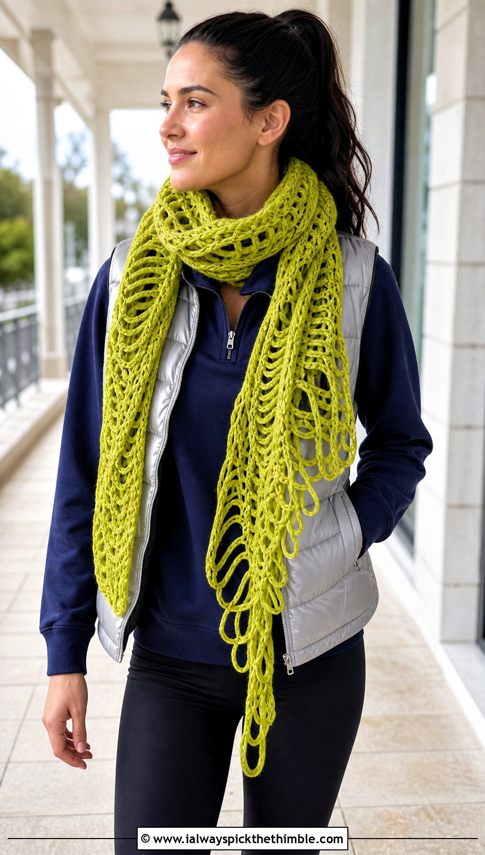 Broomstick Lace Green Crochet Scarf With Puffer Vest And Leggings - 15 Lacy Green Crochet Scarf outfit ideas