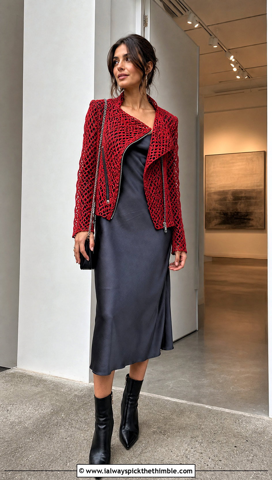 Broomstick Lace Moto Jacket With Satin Slip Dress - 25 crochet lace jacket outfit ideas