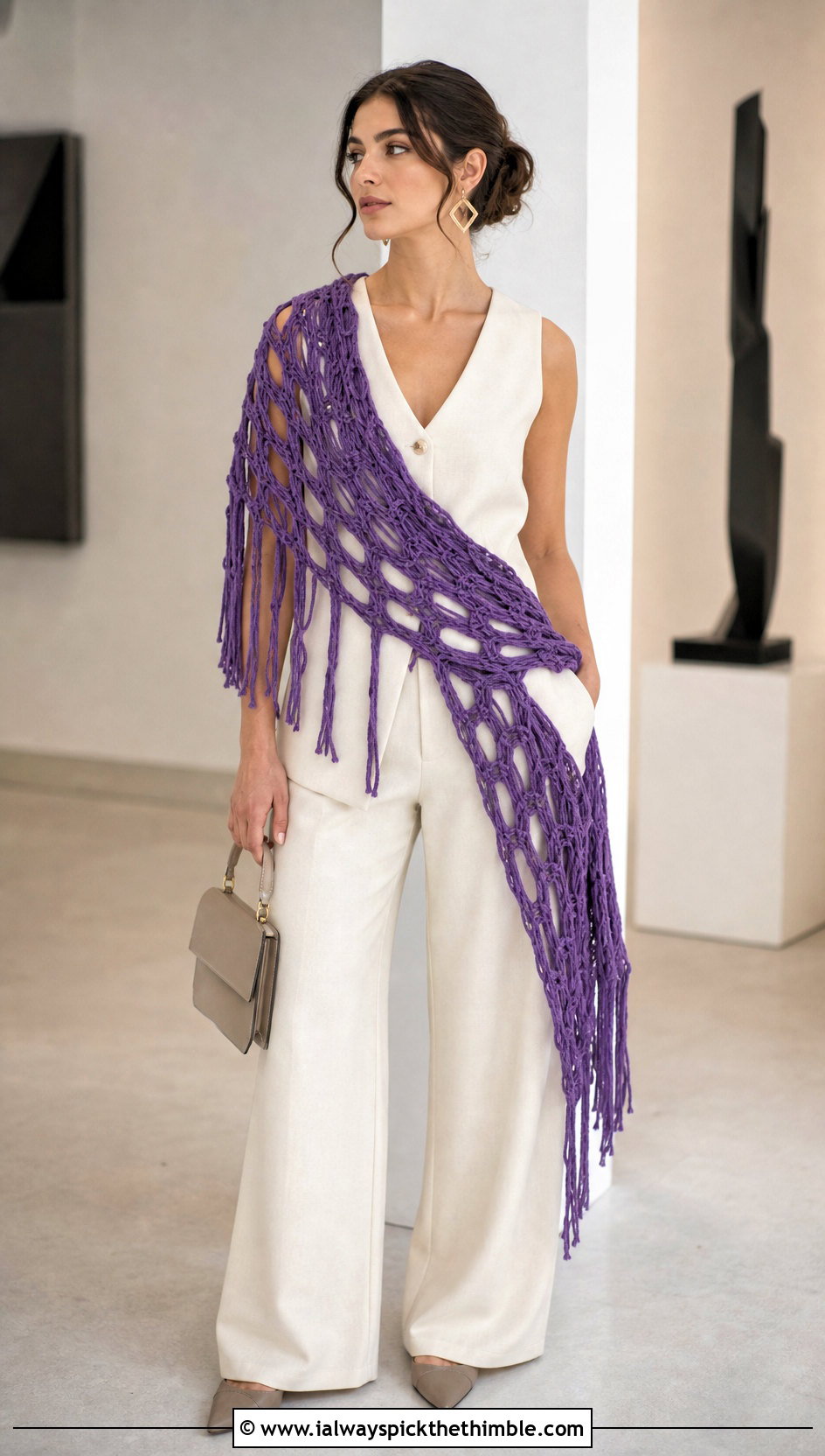 Broomstick Lace Scarf With Tailored Vest - 15 openwork crochet scarf outfit ideas
