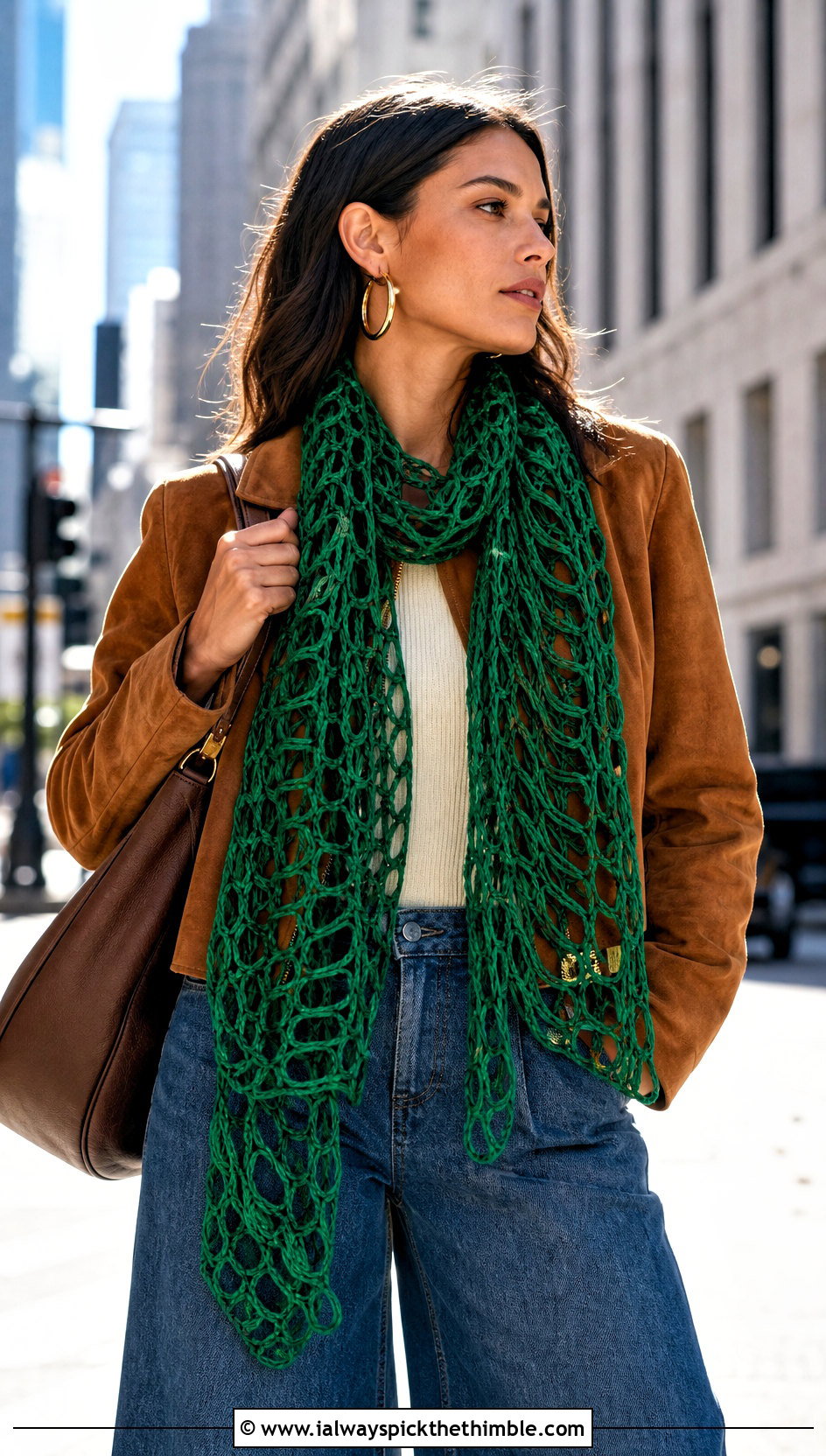 Broomstick Lace Scarf With Wide Leg Jeans - 25 crochet scarf ideas