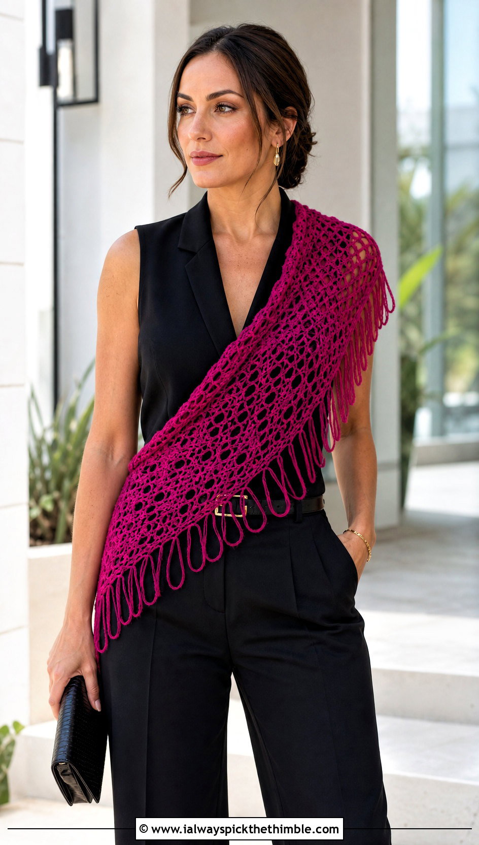 Broomstick Lace Triangle Crochet Shawl With Tailored Vest - 20 triangle crochet shawls outfit ideas