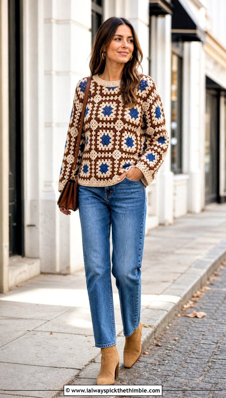 Brown And Beige Granny Square Crochet Sweater With Straight Jeans - 20 Brown And Beige Crochet Sweater outfit ideas