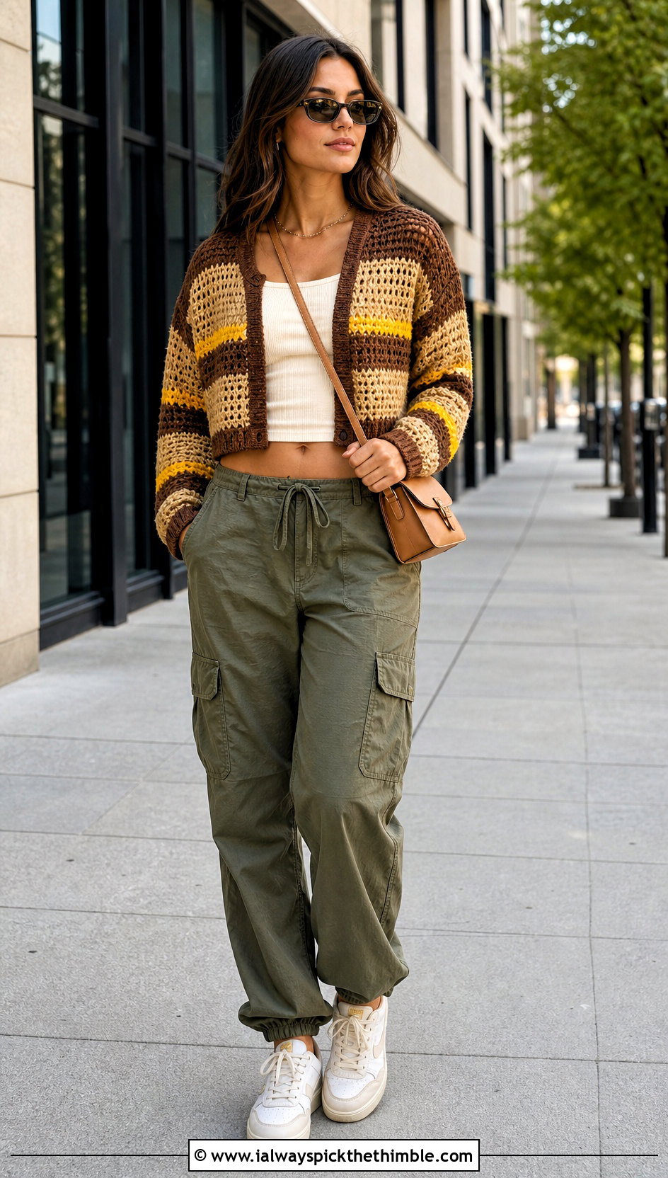 Brown And Beige Striped Crochet Sweater With Cargo Pants - 20 Brown And Beige Crochet Sweater outfit ideas