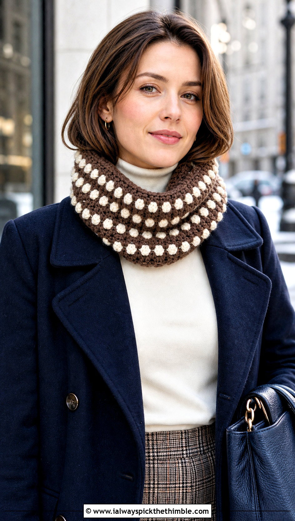 Brown And White Bobble Stitch Crochet Cowl With Peacoat - 15 brown and white crochet cowl outfit ideas