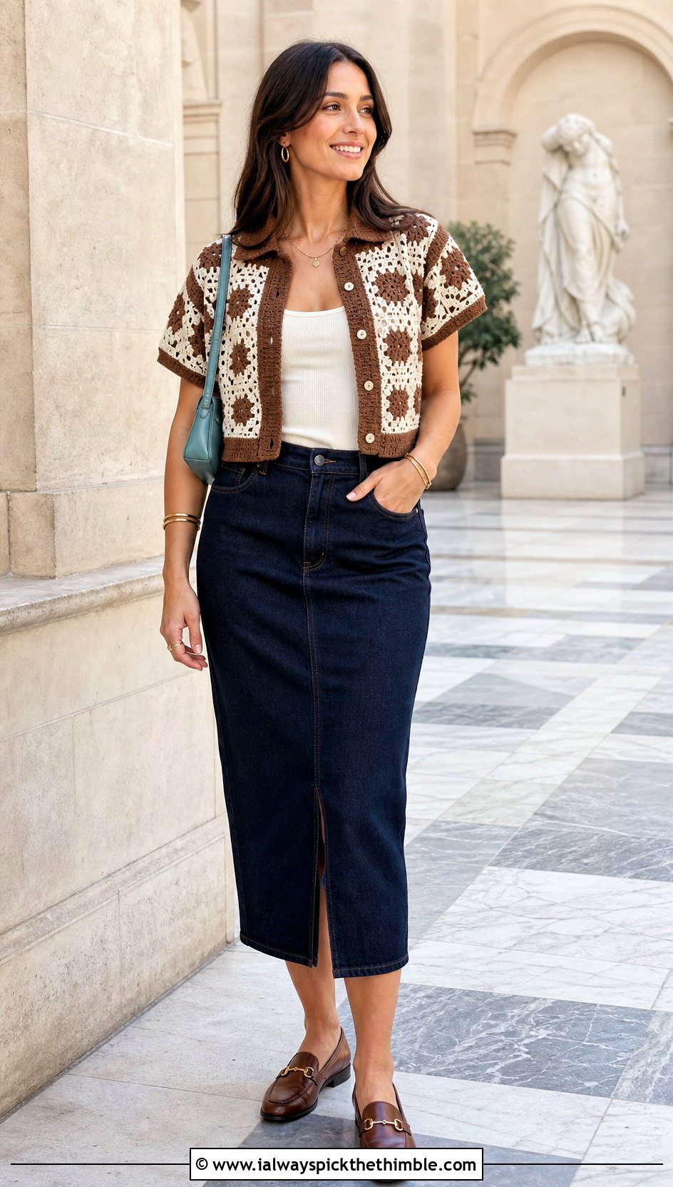 Brown And White Button Front Crochet Shirt With Denim Skirt - 20 brown and white crochet top outfit ideas