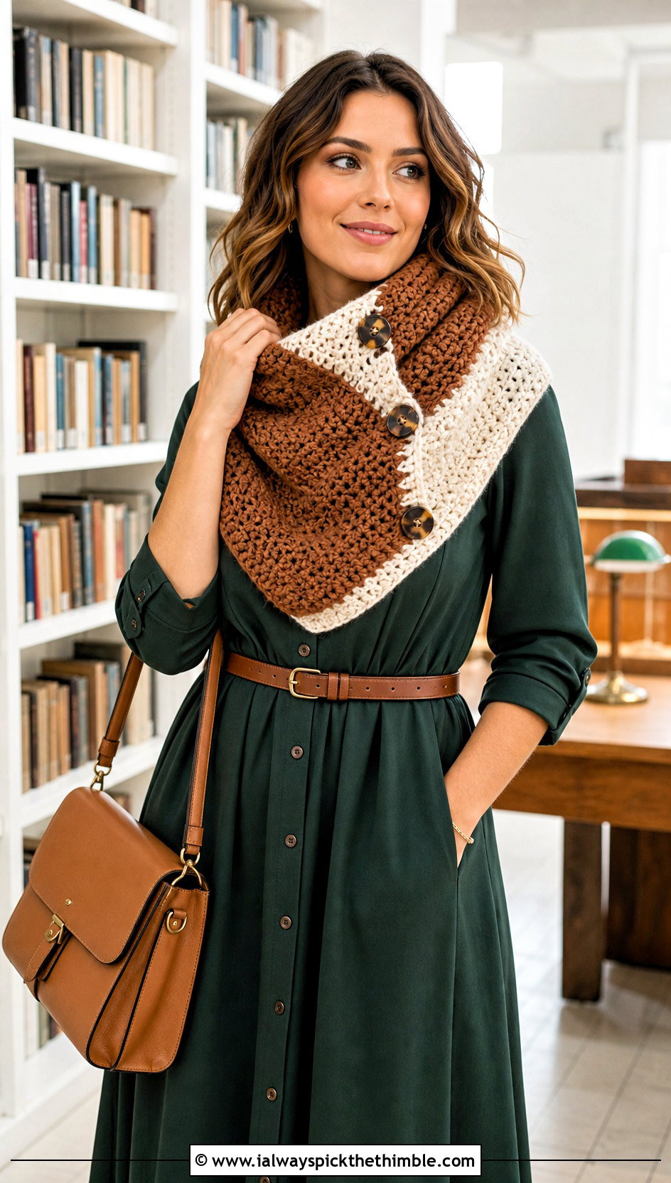 Brown And White Buttoned Crochet Cowl With Shirt Dress - 15 brown and white crochet cowl outfit ideas