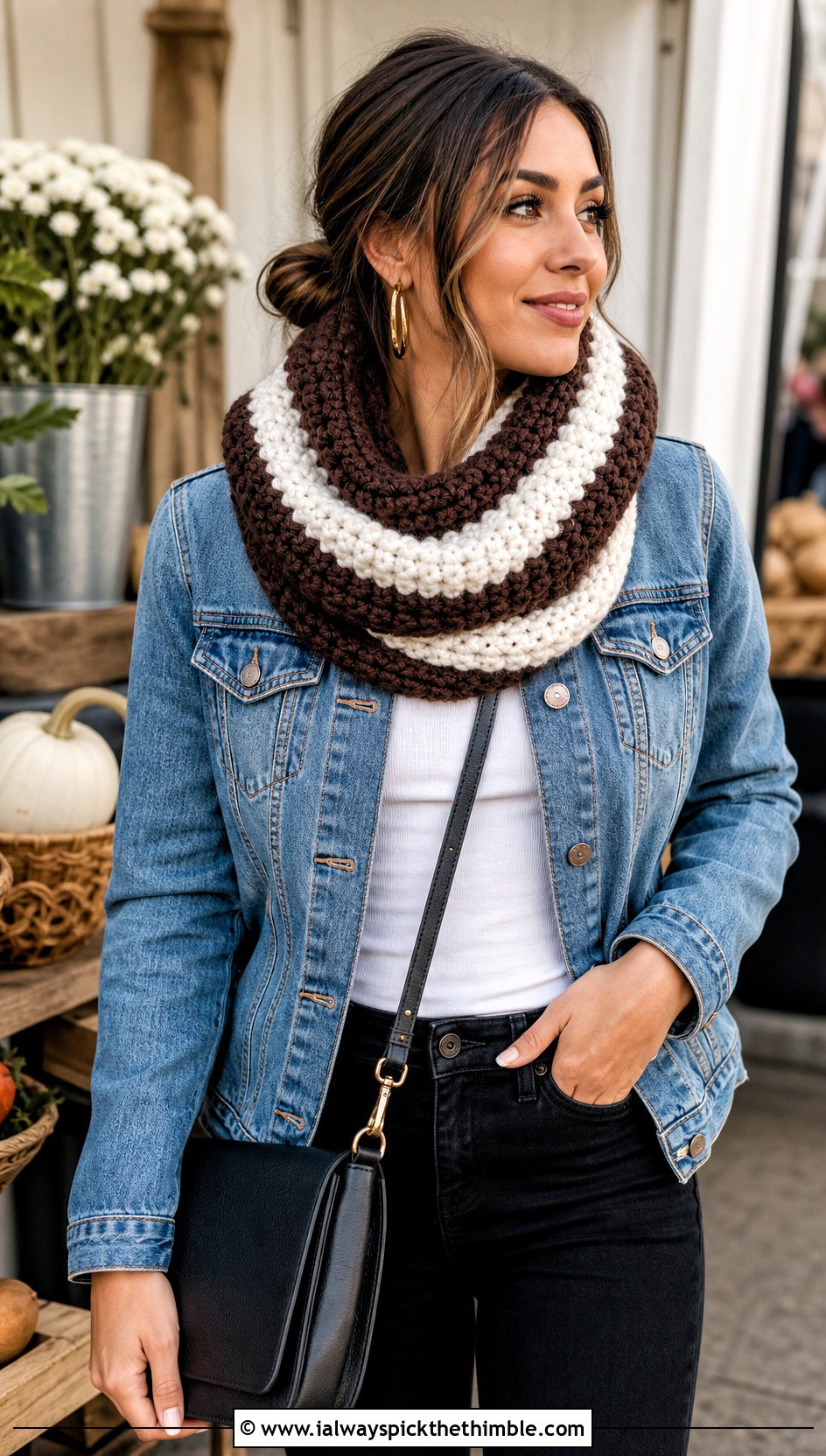 Brown And White Chunky Ribbed Crochet Cowl With Denim Jacket - 15 brown and white crochet cowl outfit ideas