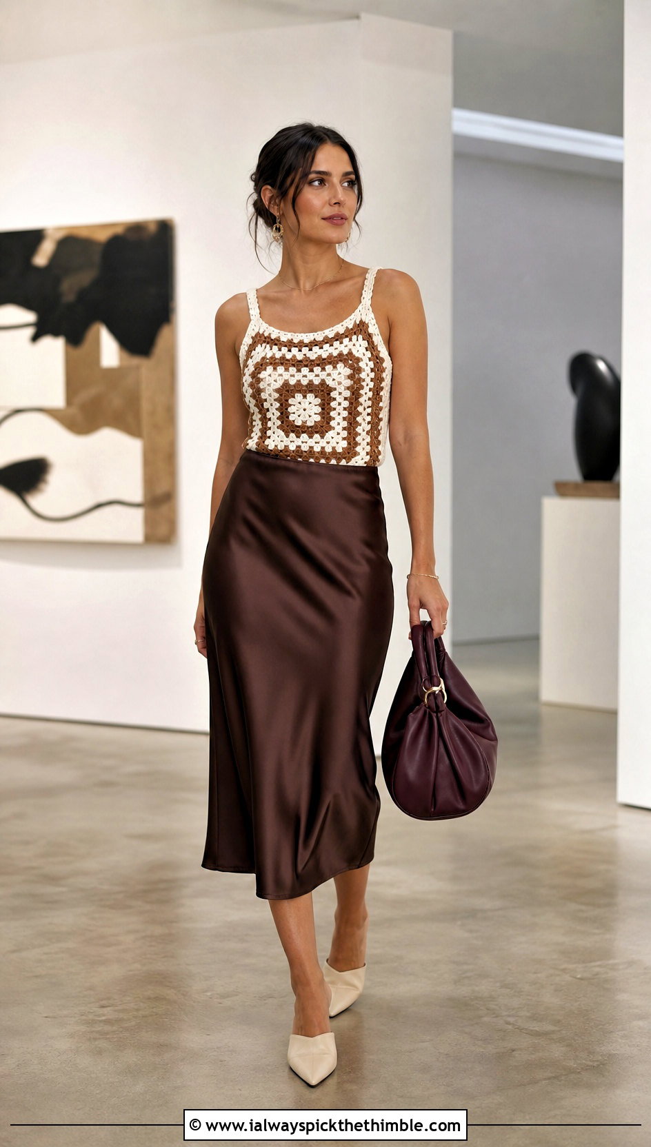 Brown And White Crochet Tank Top With Satin Midi Skirt - 20 brown and white crochet top outfit ideas