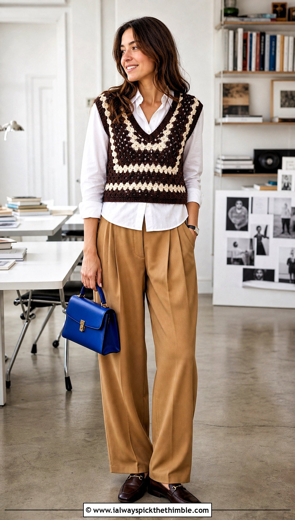 Brown And White Crochet Vest Top With Pleated Pants - 20 brown and white crochet top outfit ideas